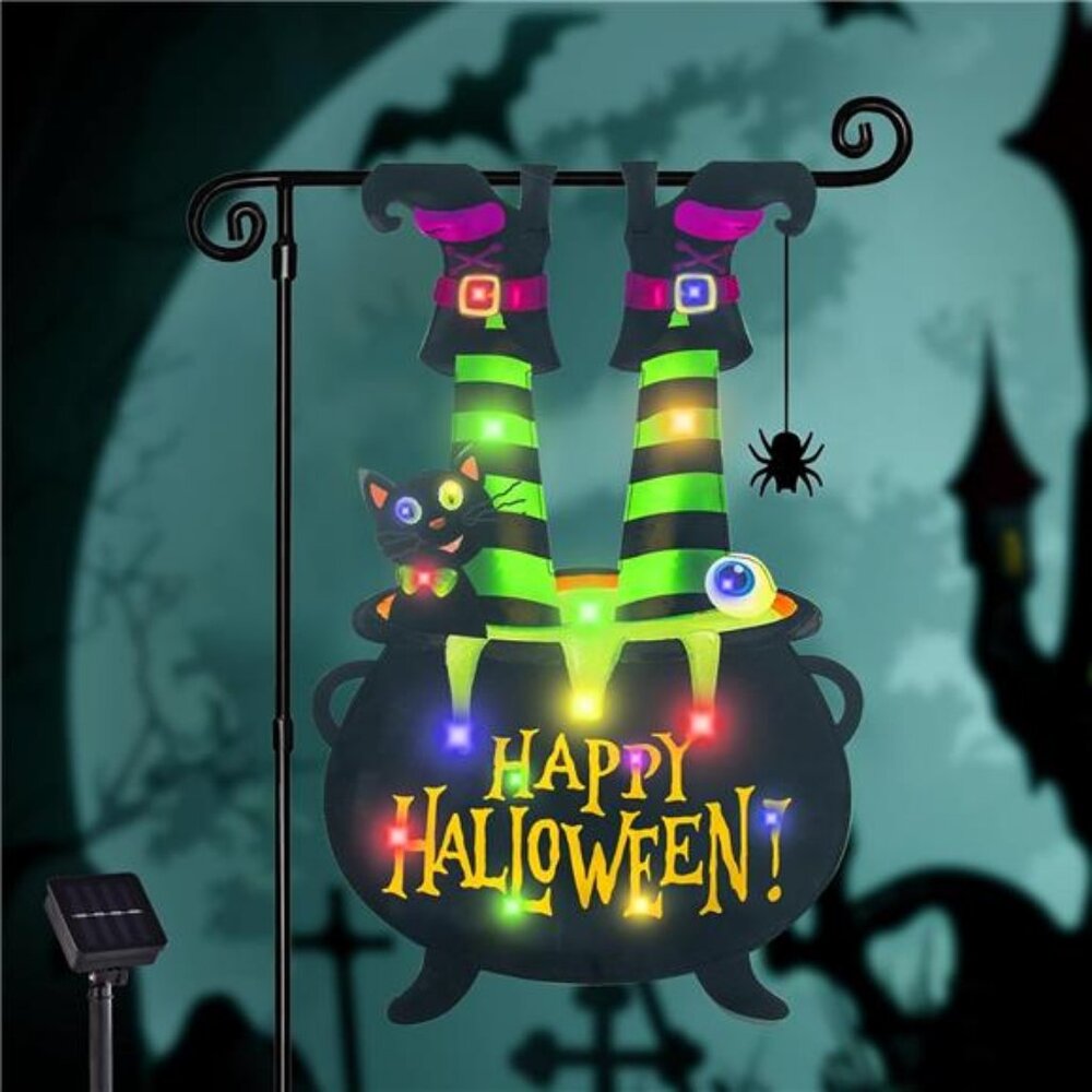 Halloween Lighted Garden Flag for Outside, Led Solar Yard Flag 8 Modes Witch